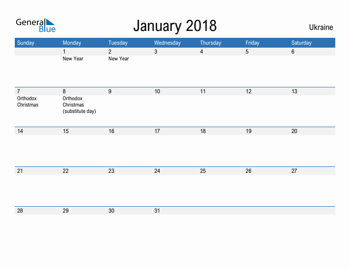 Fillable January 2018 Calendar