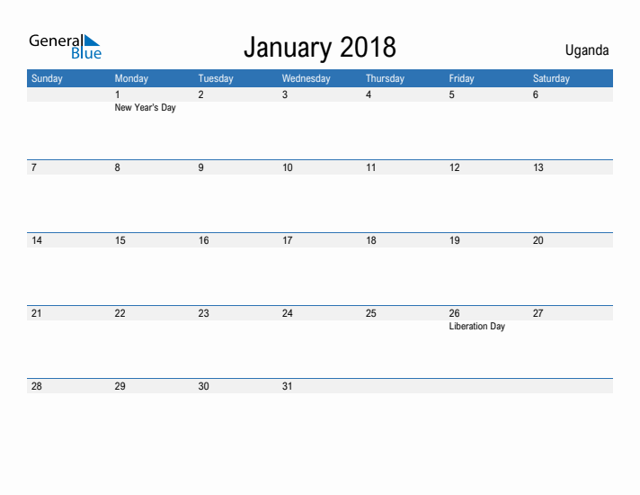 Fillable January 2018 Calendar