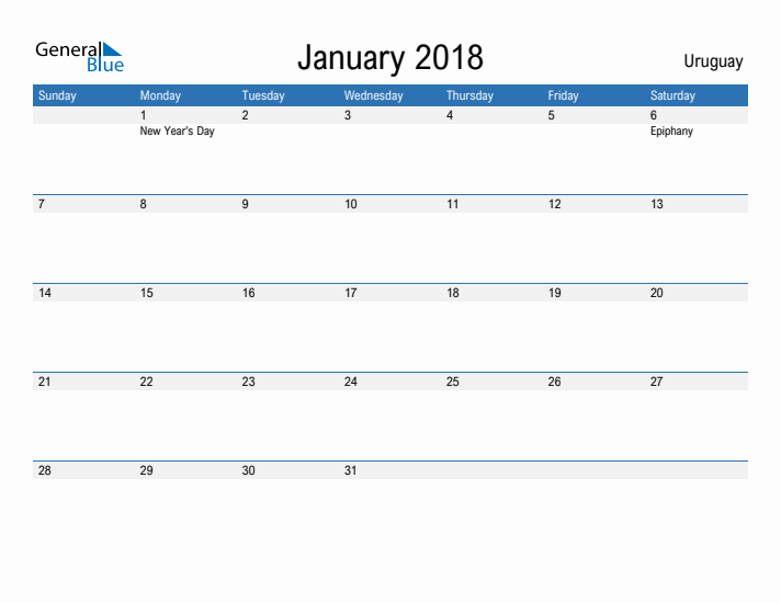 Fillable January 2018 Calendar