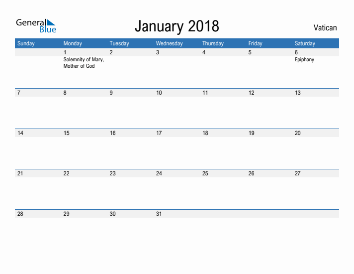 Fillable January 2018 Calendar