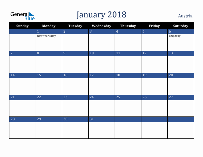 January 2018 Austria Calendar (Sunday Start)