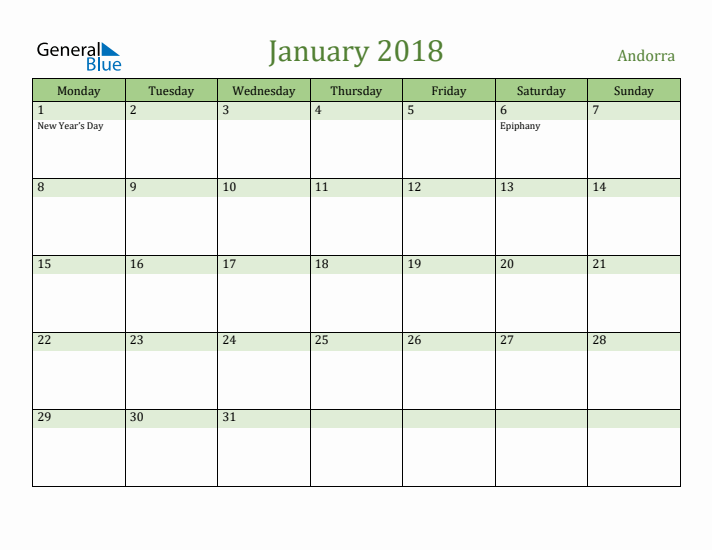 January 2018 Calendar with Andorra Holidays