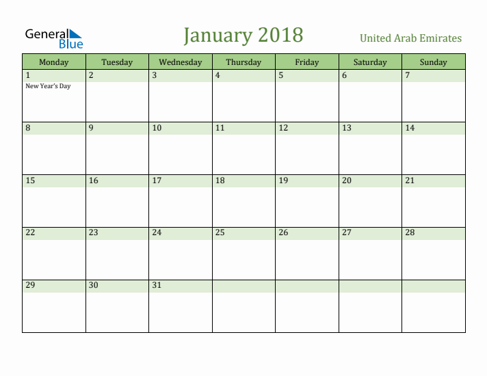 January 2018 Calendar with United Arab Emirates Holidays