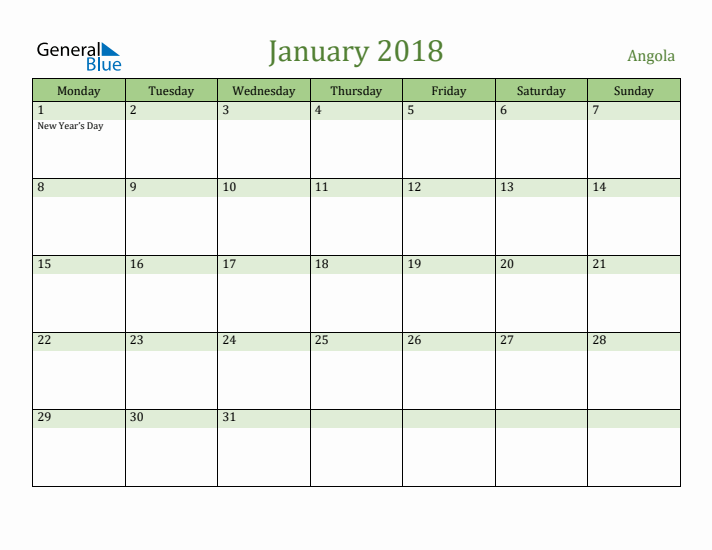 January 2018 Calendar with Angola Holidays