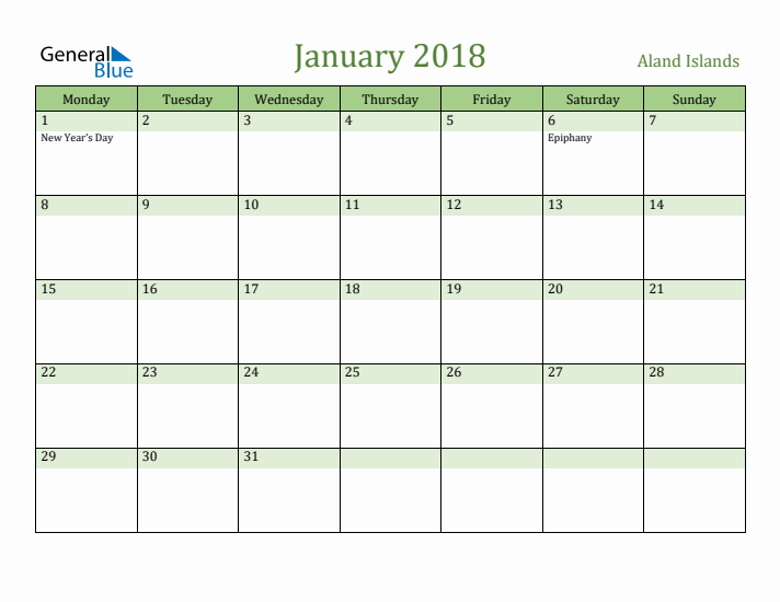 January 2018 Calendar with Aland Islands Holidays