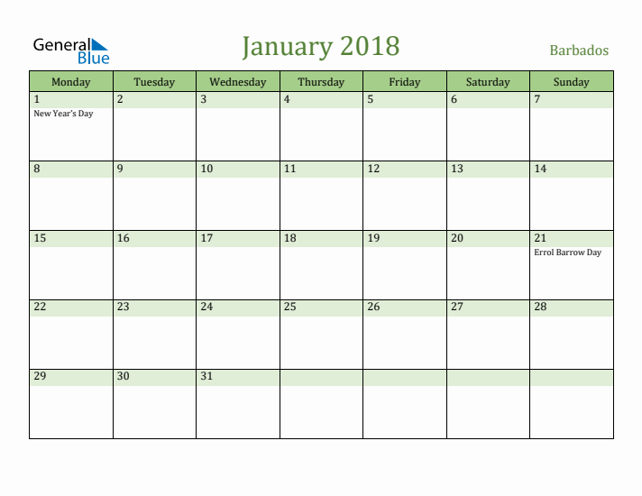 January 2018 Calendar with Barbados Holidays