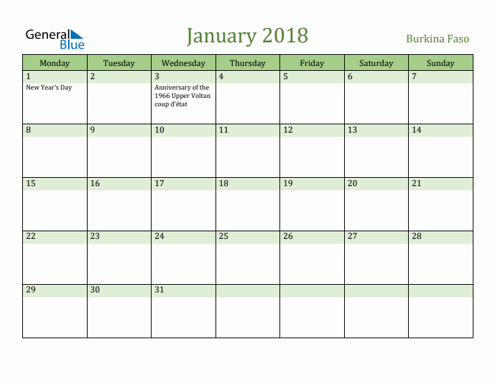 January 2018 Calendar with Burkina Faso Holidays