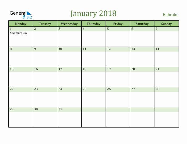 January 2018 Calendar with Bahrain Holidays