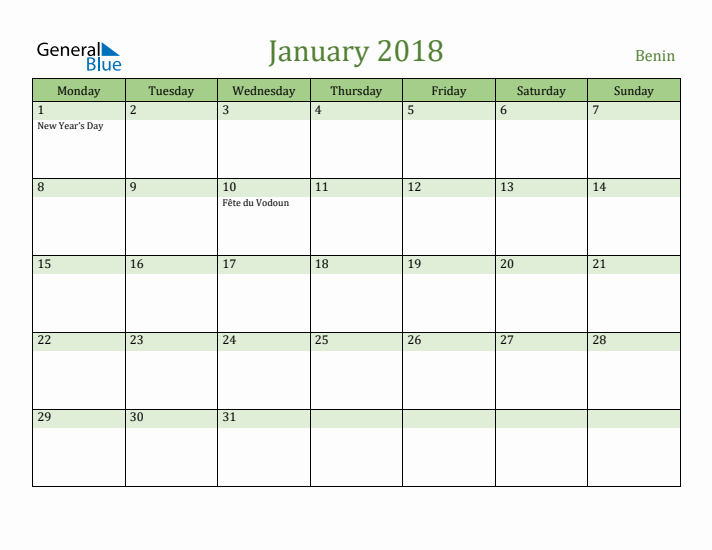 January 2018 Calendar with Benin Holidays