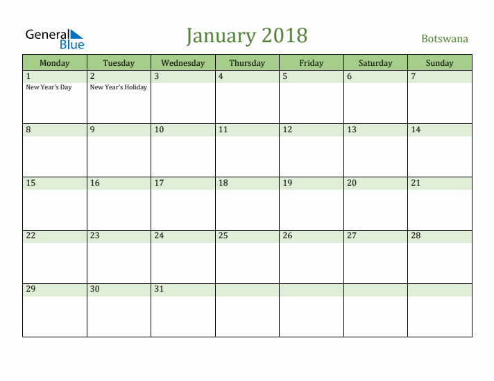 January 2018 Calendar with Botswana Holidays