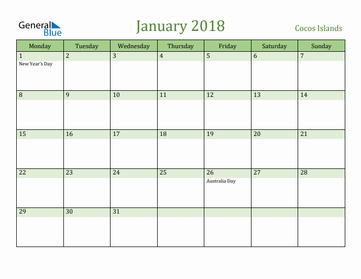 January 2018 Calendar with Cocos Islands Holidays