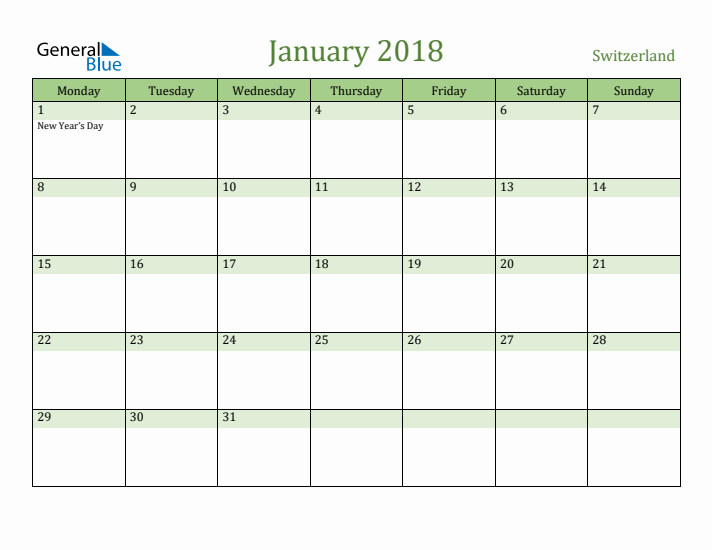 January 2018 Calendar with Switzerland Holidays