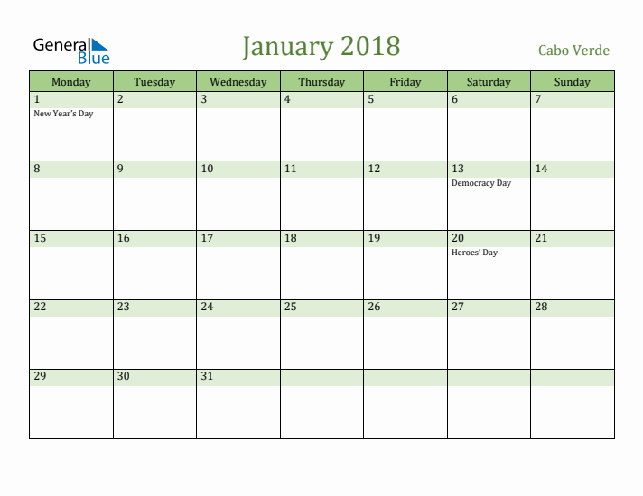 January 2018 Calendar with Cabo Verde Holidays