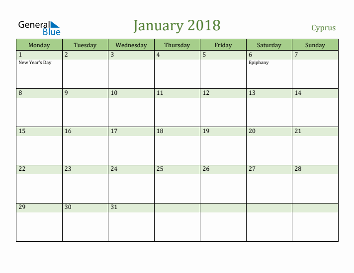 January 2018 Calendar with Cyprus Holidays