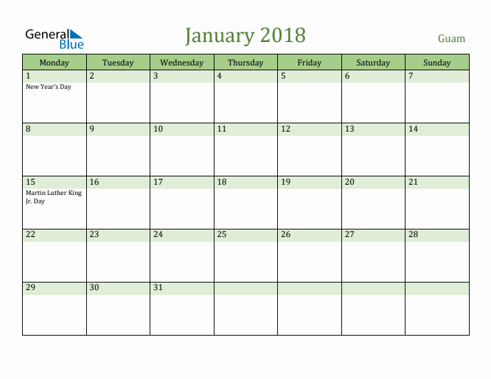 January 2018 Calendar with Guam Holidays