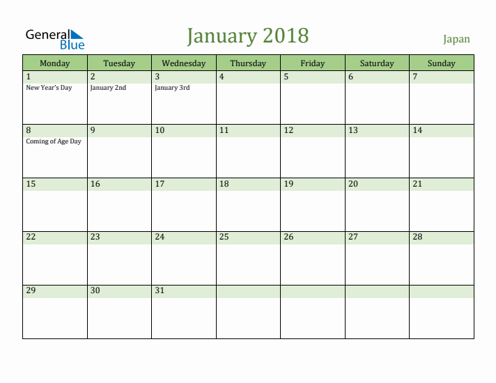 January 2018 Calendar with Japan Holidays