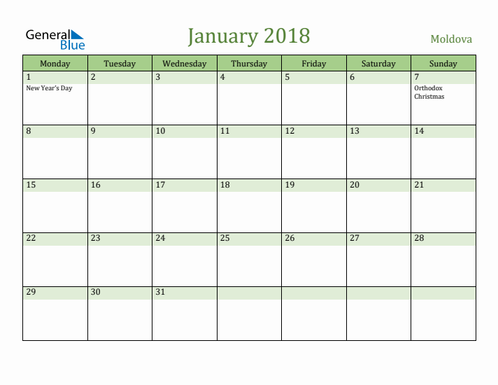 January 2018 Calendar with Moldova Holidays