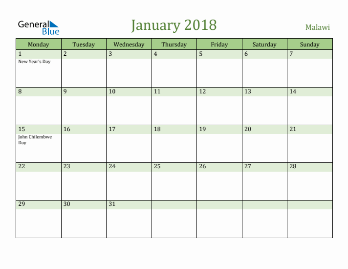 January 2018 Calendar with Malawi Holidays