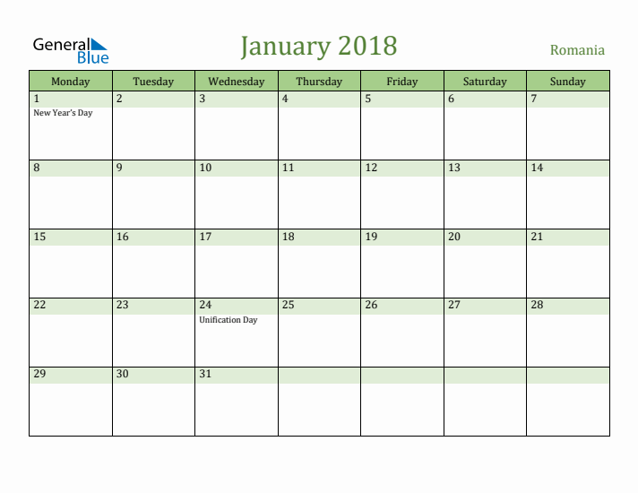 January 2018 Calendar with Romania Holidays