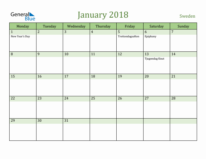 January 2018 Calendar with Sweden Holidays