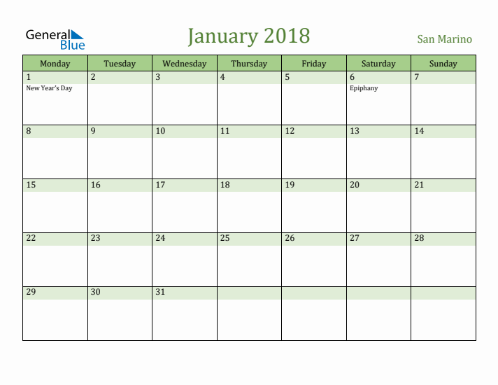 January 2018 Calendar with San Marino Holidays