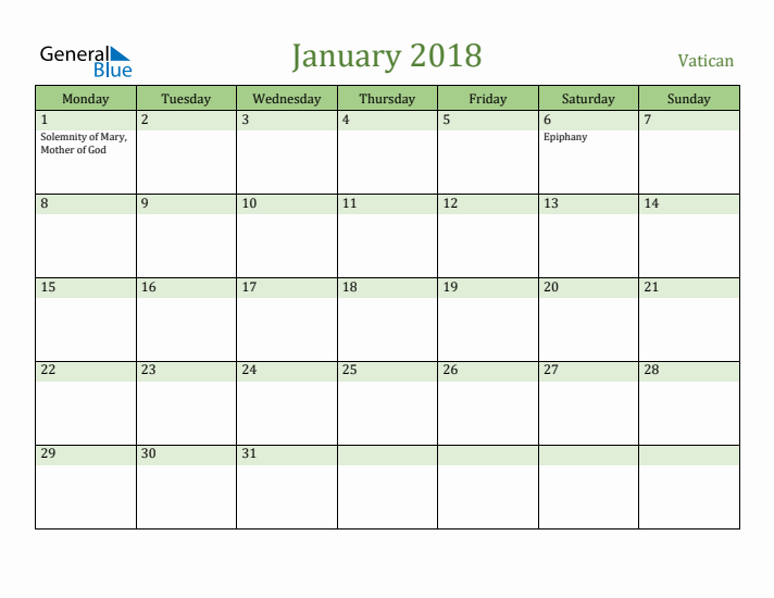 January 2018 Calendar with Vatican Holidays