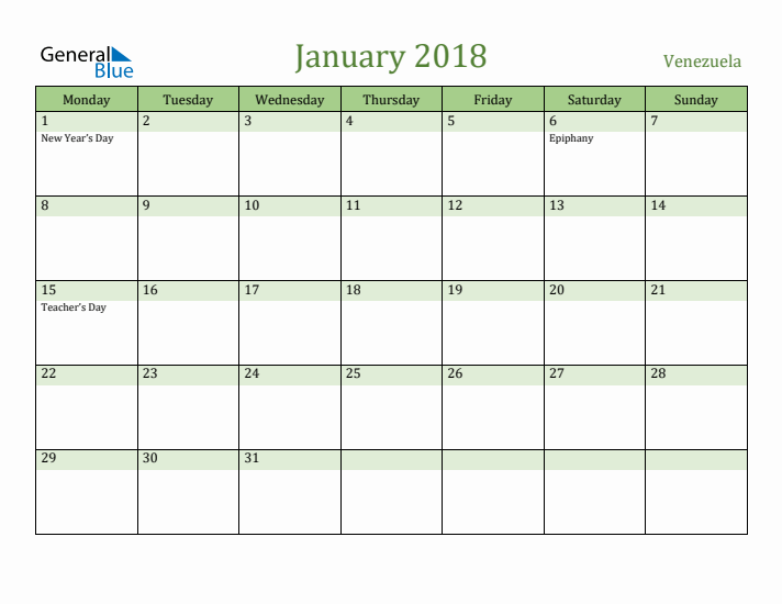 January 2018 Calendar with Venezuela Holidays