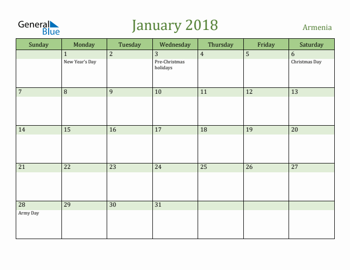 January 2018 Calendar with Armenia Holidays