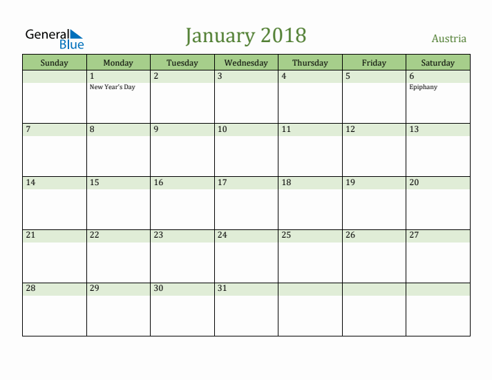 January 2018 Calendar with Austria Holidays