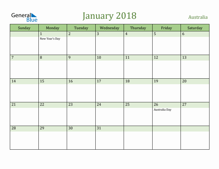 January 2018 Calendar with Australia Holidays