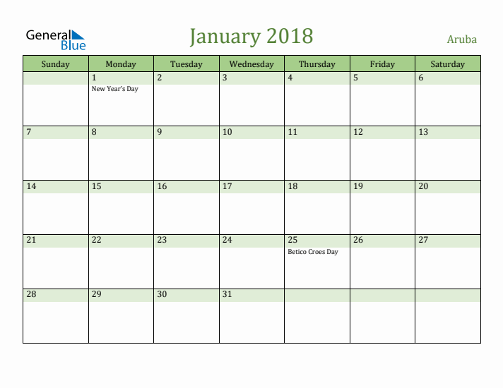 January 2018 Calendar with Aruba Holidays