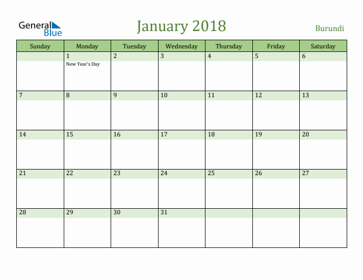 January 2018 Calendar with Burundi Holidays