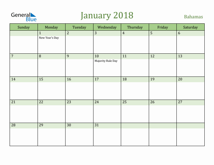 January 2018 Calendar with Bahamas Holidays