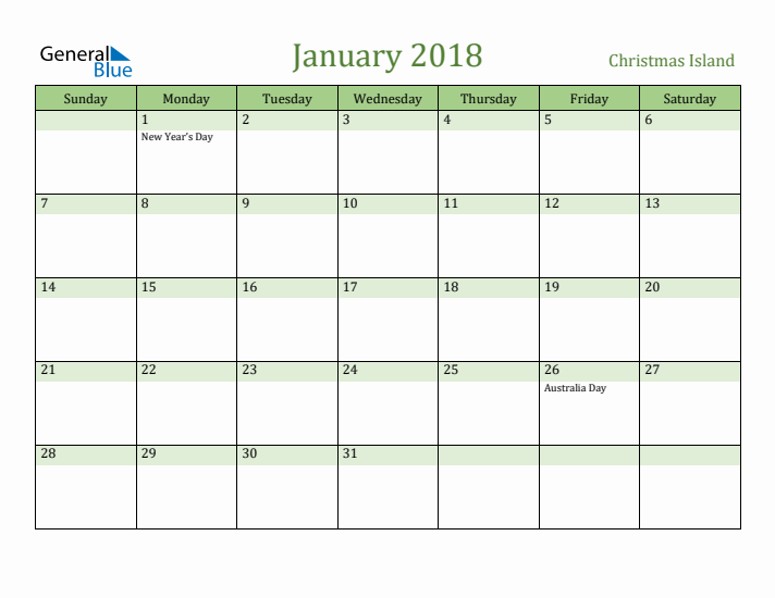 January 2018 Calendar with Christmas Island Holidays