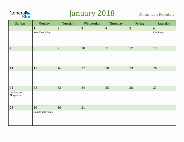 January 2018 Calendar with Dominican Republic Holidays