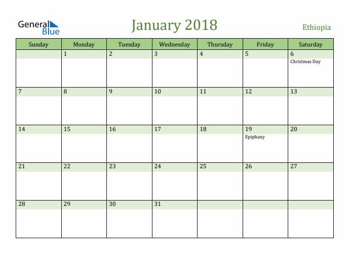 January 2018 Calendar with Ethiopia Holidays