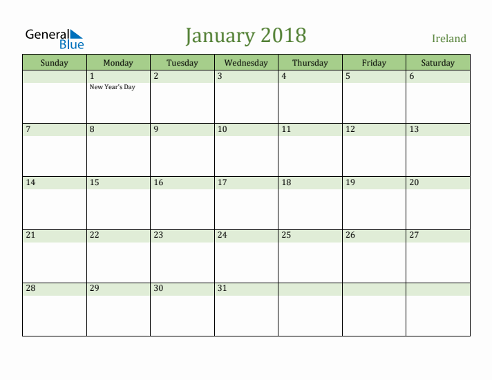 January 2018 Calendar with Ireland Holidays