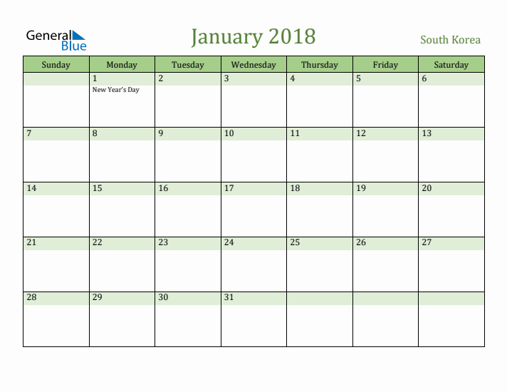 January 2018 Calendar with South Korea Holidays