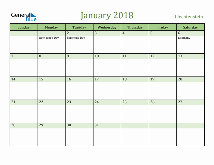 January 2018 Calendar with Liechtenstein Holidays