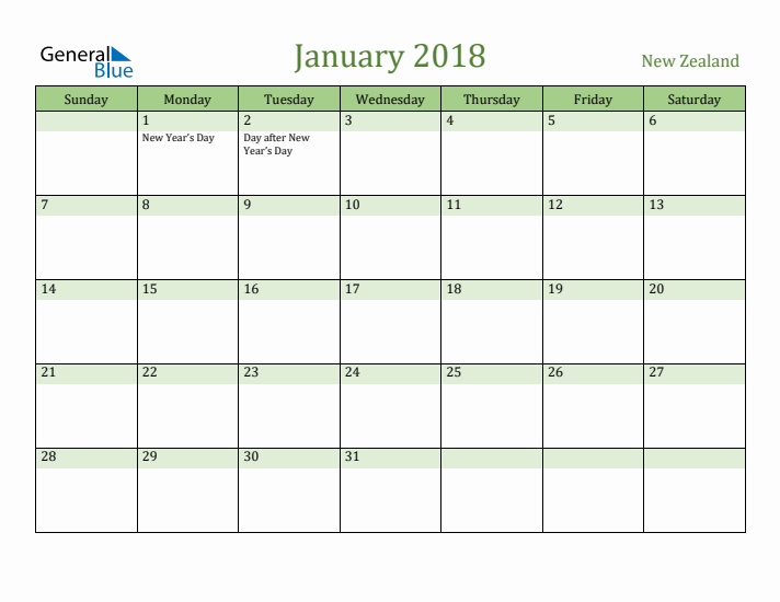 January 2018 Calendar with New Zealand Holidays