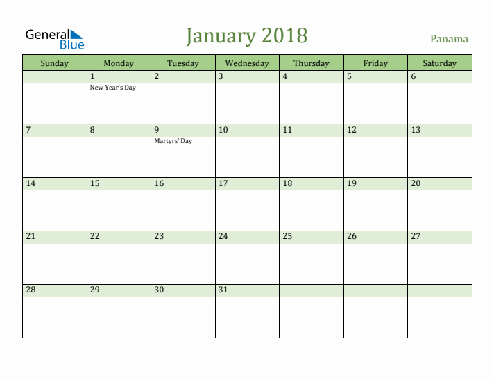 January 2018 Calendar with Panama Holidays