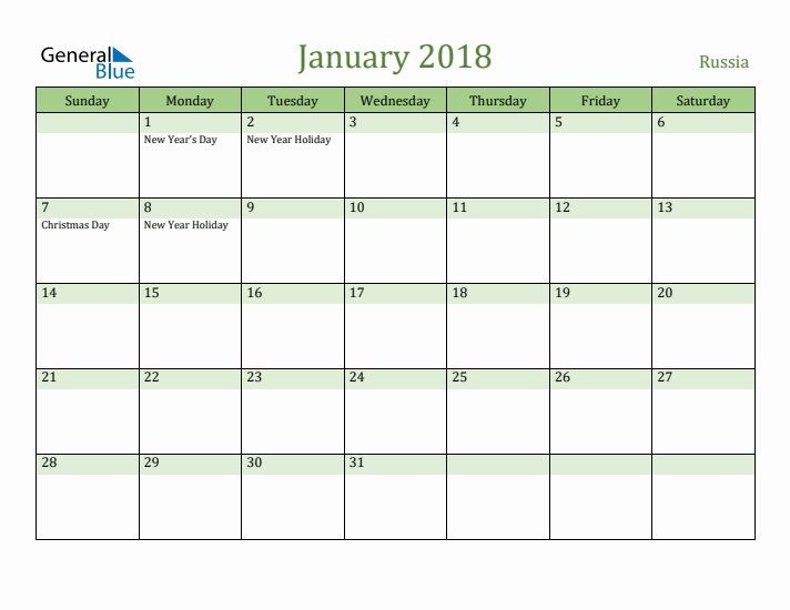 January 2018 Calendar with Russia Holidays