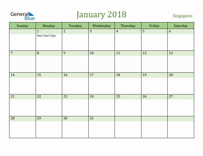 January 2018 Calendar with Singapore Holidays