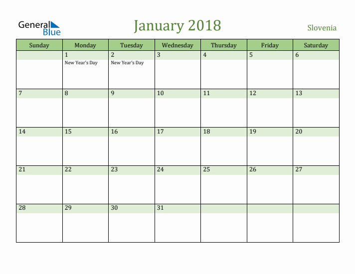 January 2018 Calendar with Slovenia Holidays