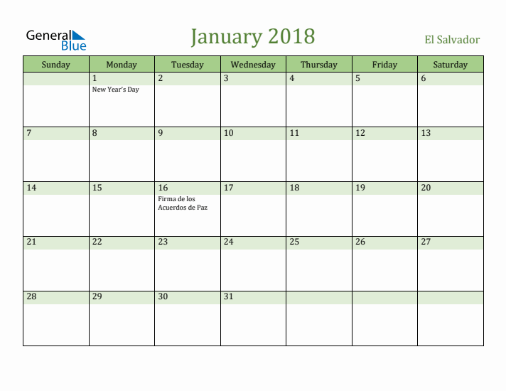 January 2018 Calendar with El Salvador Holidays