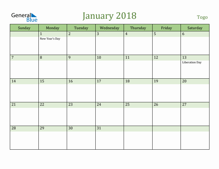 January 2018 Calendar with Togo Holidays