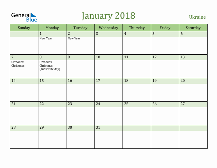 January 2018 Calendar with Ukraine Holidays