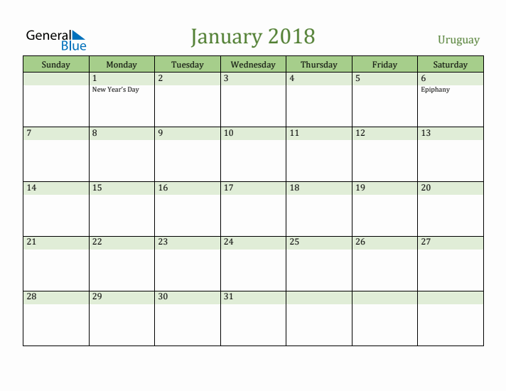 January 2018 Calendar with Uruguay Holidays