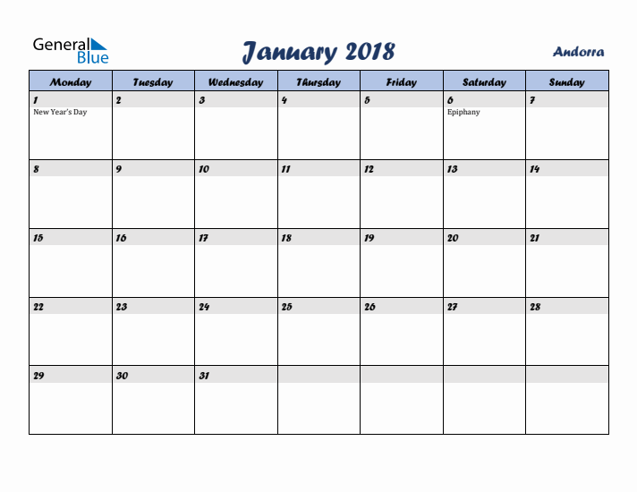 January 2018 Calendar with Holidays in Andorra