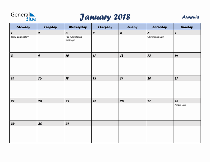 January 2018 Calendar with Holidays in Armenia